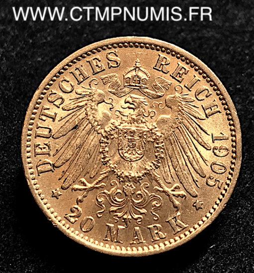 ALLEMAGNE WURTTEMBERG 20 MARK OR 1905 F SUP