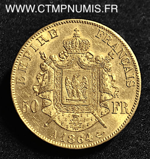 50 FRANCS OR NAPOLEON III TETE LAUREE 1864 A PARIS
