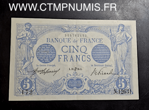 BILLET 5 FRANCS BLEU TYPE 1905 30 JUIN 1916 CANCER