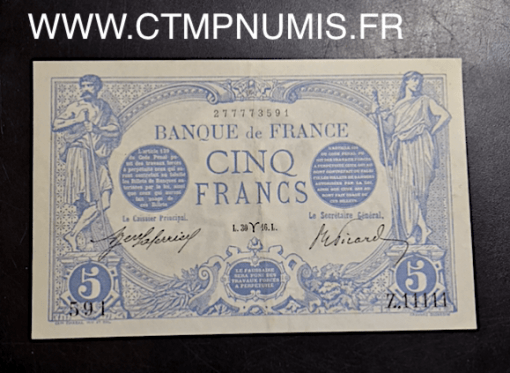 BILLET 5 FRANCS BLEU TYPE 1905 30 MARS 1916 BELIER