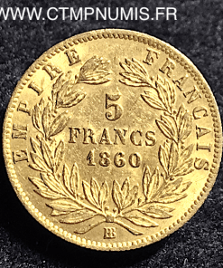 5 FRANCS OR NAPOLEON III 1860 BB STRASBOURG