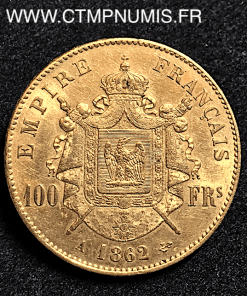 100 FRANCS OR NAPOLEON III TETE LAUREE 1862 PARIS