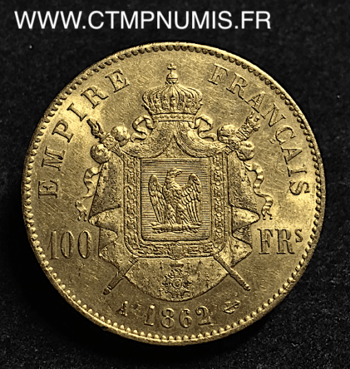 100 FRANCS OR NAPOLEON III TETE LAUREE 1862 PARIS