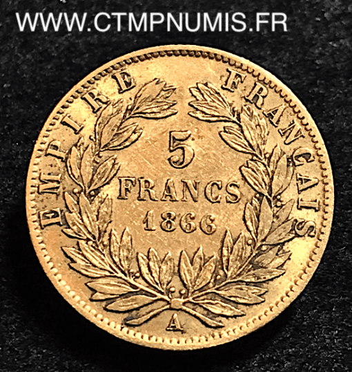 5 FRANCS OR NAPOLEON III TETE LAUREE 1866 A PARIS