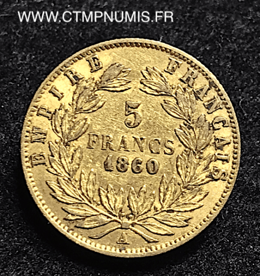 5 FRANCS OR NAPOLEON III TETE NUE 1860 PARIS MAIN