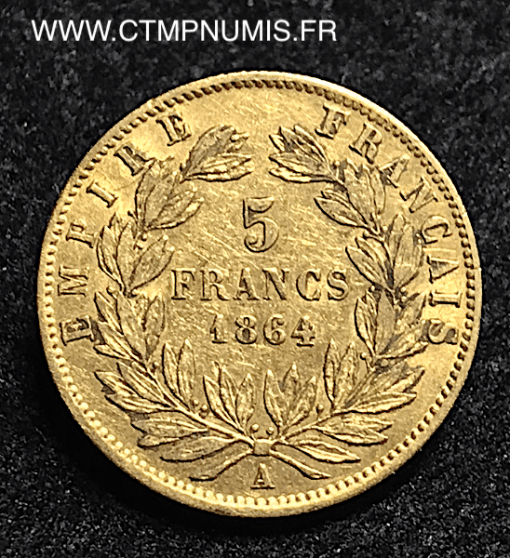 5 FRANCS OR NAPOLEON III TETE LAUREE 1864 A PARIS
