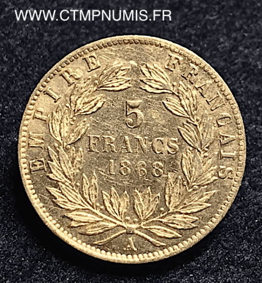 5 FRANCS OR NAPOLEON III TETE LAUREE 1868 A PARIS