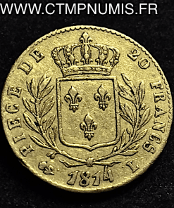 20 FRANCS OR LOUIS XVIII HABILLE 1814 L BAYONNE