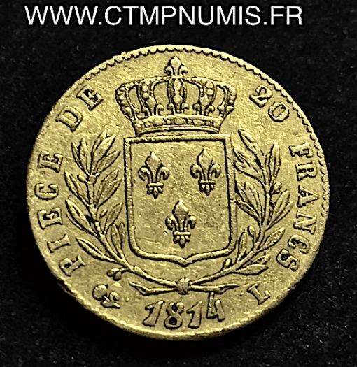 20 FRANCS OR LOUIS XVIII HABILLE 1814 L BAYONNE