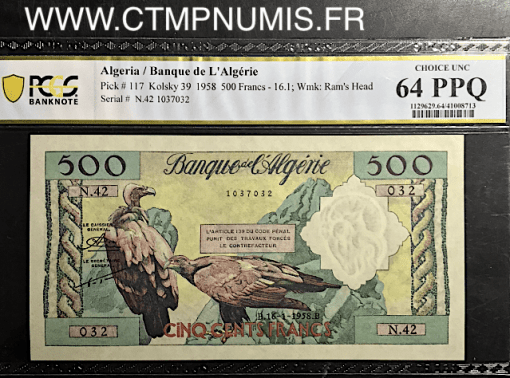 BANQUE DE L'ALGERIE 500 FRANCS DU 16 JANVIER 1958