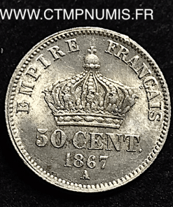 50 CENTIMES ARGENT NAPOLEON III 1867 A PARIS