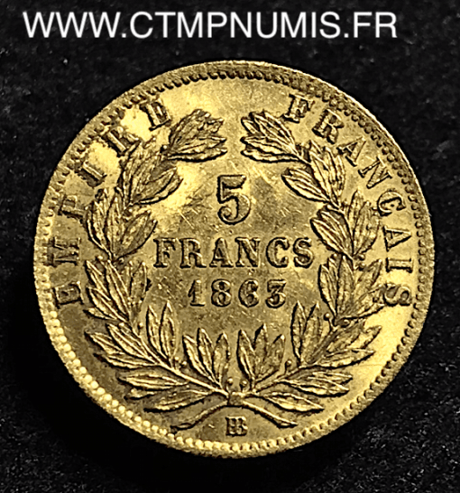 5 FRANCS OR NAPÖLEON III 1863 BB STRASBOURG
