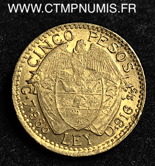 COLOMBIE 5 PESOS OR REPUBLIQUE 1919