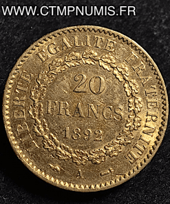 20 FRANCS OR GENIE III° REPUBLIQUE 1892 A PARIS