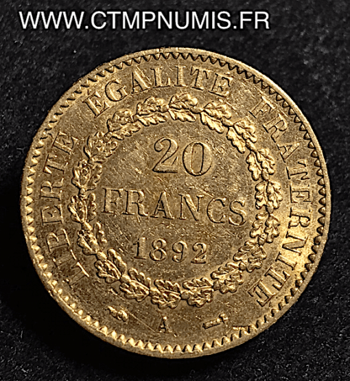 20 FRANCS OR GENIE III° REPUBLIQUE 1892 A PARIS