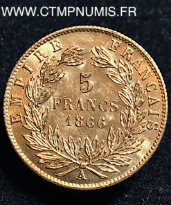 5 FRANCS OR NAPOLEON TETE LAUREE 1866 PARIS