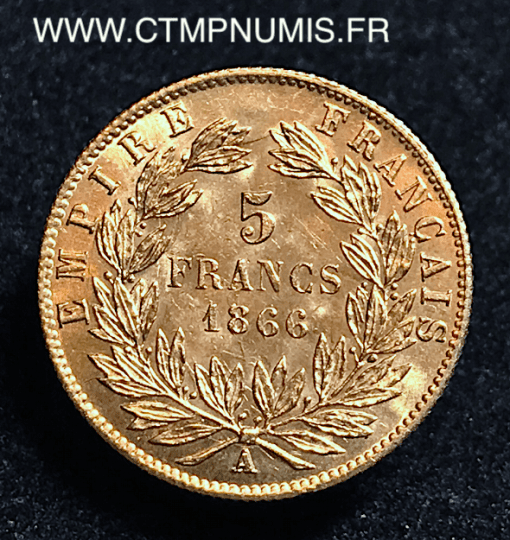 5 FRANCS OR NAPOLEON TETE LAUREE 1866 PARIS