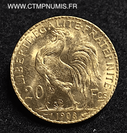 20 FRANCS OR COQ 1908 SPL