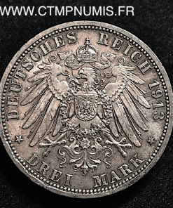 ALLEMAGNE PRUSSE 3 MARK ARGENT GUILLAUME II 1913 A SUP