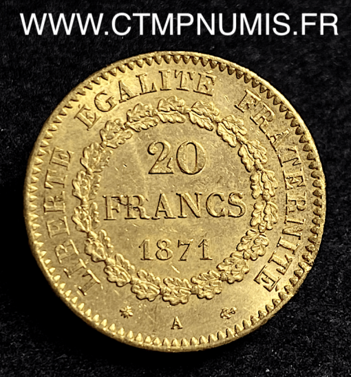 20 FRANCS OR GENIE III° REPUBLIQUE 1871 A PARIS