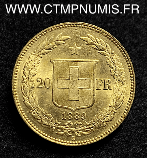 SUISSE 20 FRANCS OR HELVETIA 1889 BERNE SUP