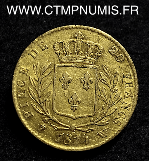 20 FRANCS OR LOUIS XVIII HABILLE 1814 W LILLE