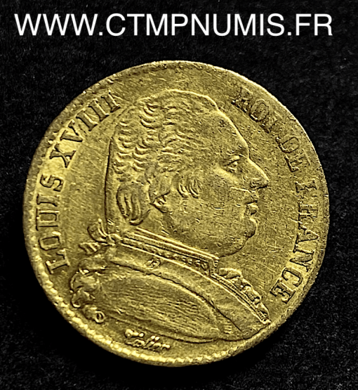 20 FRANCS OR LOUIS XVIII HABILLE 1814 W LILLE