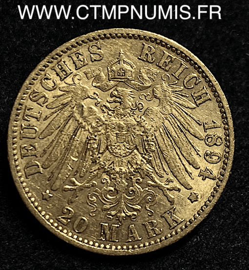 ALLEMAGNE SAXE 20 MARK OR ALBERT 1894 E