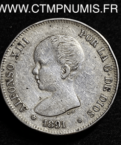 ESPAGNE 2 PESETAS ARGENT ALPHONSE XIII 1891