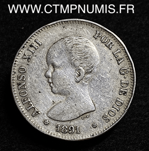 ESPAGNE 2 PESETAS ARGENT ALPHONSE XIII 1891