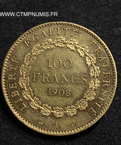 100 FRANCS OR GENIE 1908 A PARIS TTB