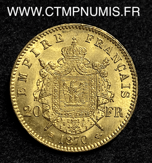 20 FRANCS OR NAPOLEON III 1870 STRASBOURG