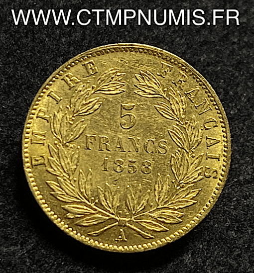 5 FRANCS OR NAPOLEON III TETE NUE 1858 PARIS