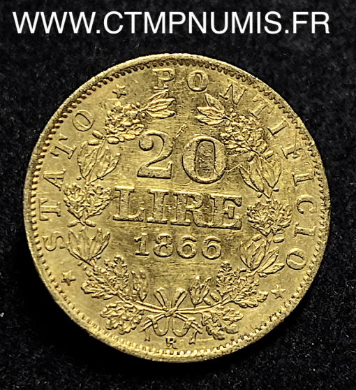 ITALIE VATICAN 20 LIRE OR PIE IX 1866 R ROME