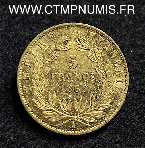 ,5,FRANCS,OR,NAPOLEON,III,TETE,NUE,1860,PARIS,