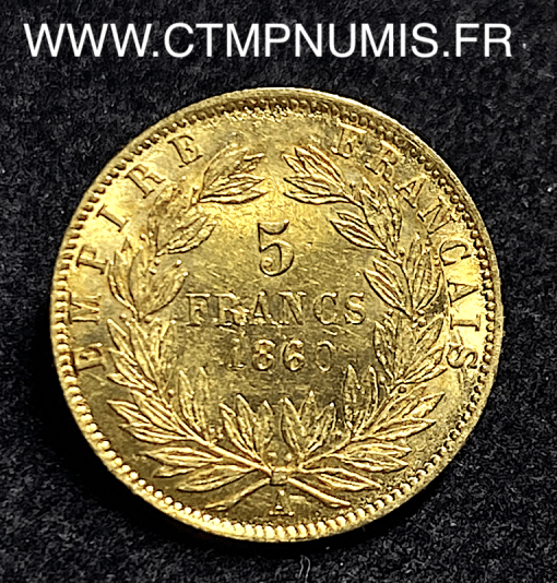 ,5,FRANCS,OR,NAPOLEON,III,TETE,NUE,1860,PARIS,