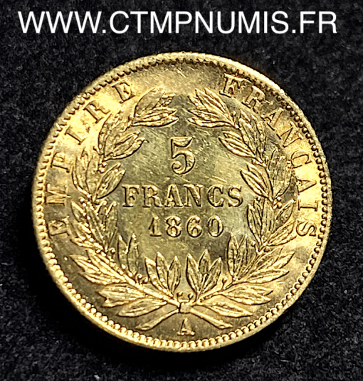 ,5,FRANCS,OR,NAPOLEON,III,TETE,NUE,1860,PARIS,