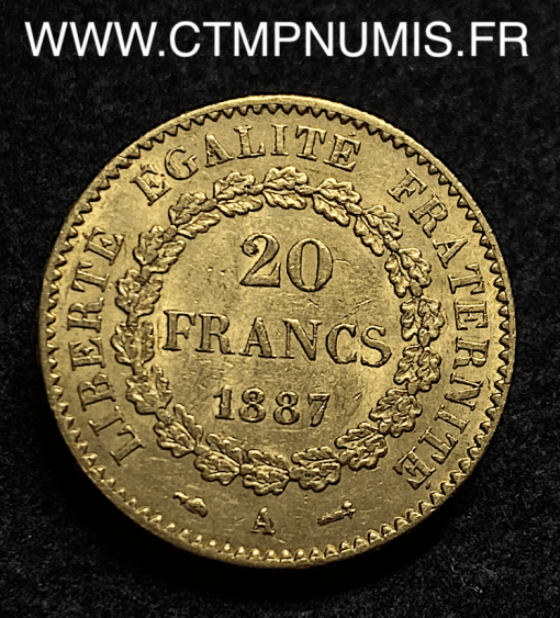 ,20,FRANCS,OR,GENIE,III°,REPUBLIQUE,1887,PARIS,