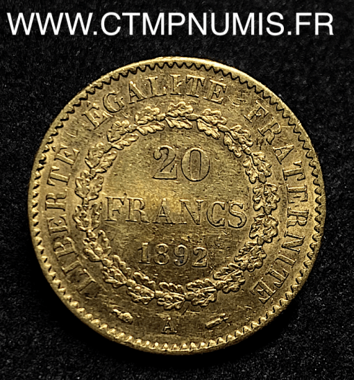 ,20,FRANCS,OR,GENIE,III°,REPUBLIQUE,1892,PARIS,