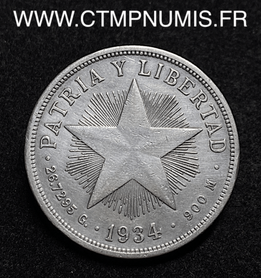 ,MONNAIE,CARAIBES,CUBA,1,PESO,ARGENT,1934,