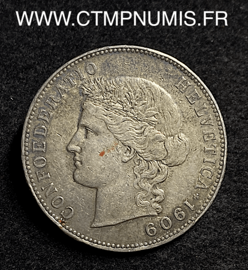 ,SUISSE,5,FRANCS,ARGENT,HELVETIA,1909,BERNE,