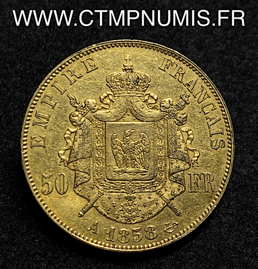 ,50,FRANCS,OR,NAPOLEON,III,TETE,NUE,1858,PARIS,