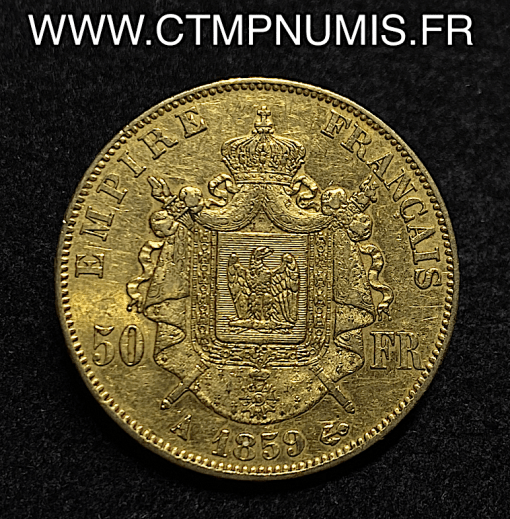 ,50,FRANCS,OR,NAPOLEON,III,TETE,NUE,1859,PARIS,