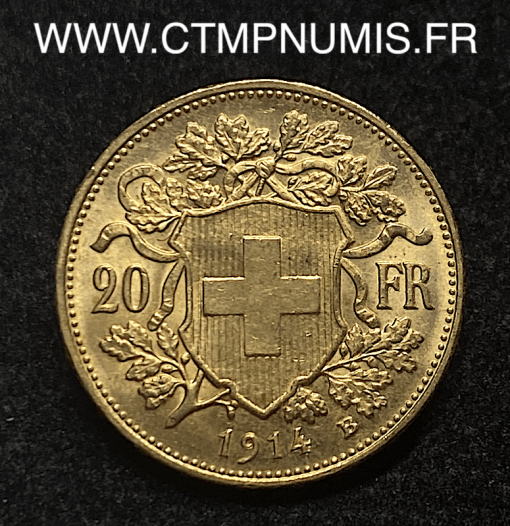 ,SUISSE,20,FRANCS,OR,VRENELI,1914,B,BERNE,SPL,