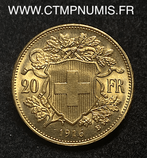 ,SUISSE,20,FRANCS,OR,VRENELI,1916,B,BERNE,SPL,