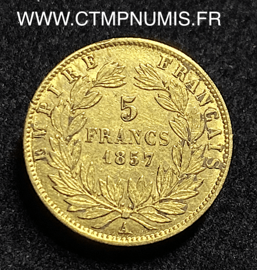 ,5,FRANCS,OR,NAPOLEON,III,TETE,NUE,1857,PARIS,