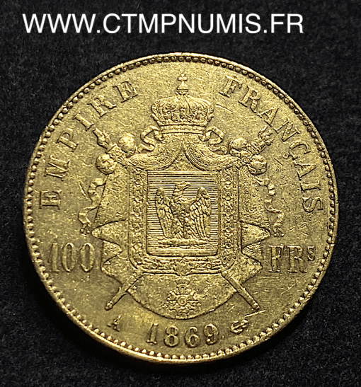 ,MONNAIE,EMPIRE,100,FRANCS,OR,NAPOLEON,III,TETE,LAUREE,1869,PARIS,