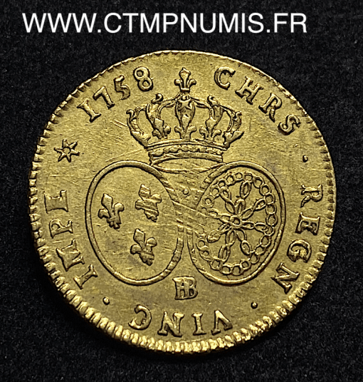 ,MONNAIE,ROYALE,LOUIS,XV,DOUBLE,LOUIS,OR,AU,BANDEAU,1758,BB,STRASBOURG,