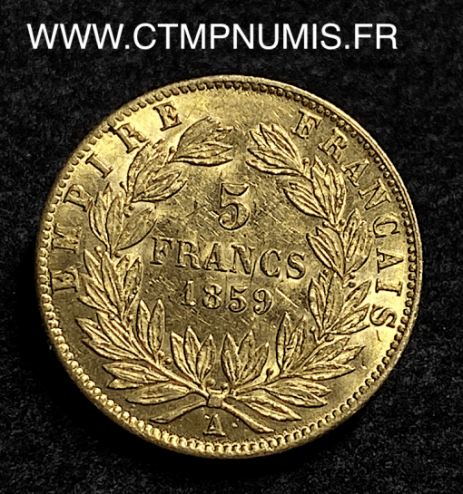,5,FRANCS,OR,NAPOLEON,III,TETE,NUE,1859,PARIS,