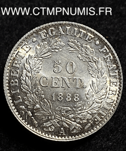,ARGENT,MONNAIE,50,CENTIMES,CERES,1888,A,PARIS,FDC,